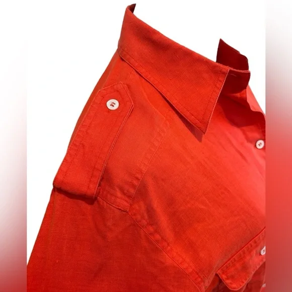 70s LIZ CLAIBORNE LINEN ORANGE SAFARI BLOUSE CASUAL LAGENLOOK WESTERN VIBE SZ S - Picture 6 of 7